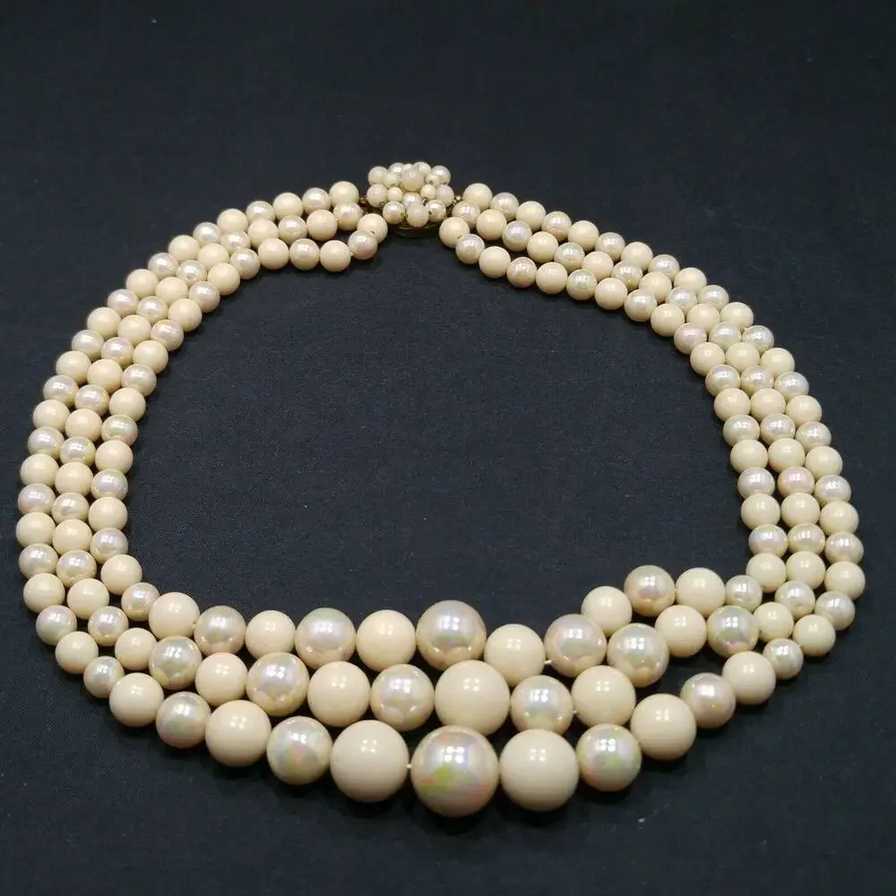Vintage Mid Century Beige Iridescent Glass Beaded Necklace, 3 Strands, Box Clasp